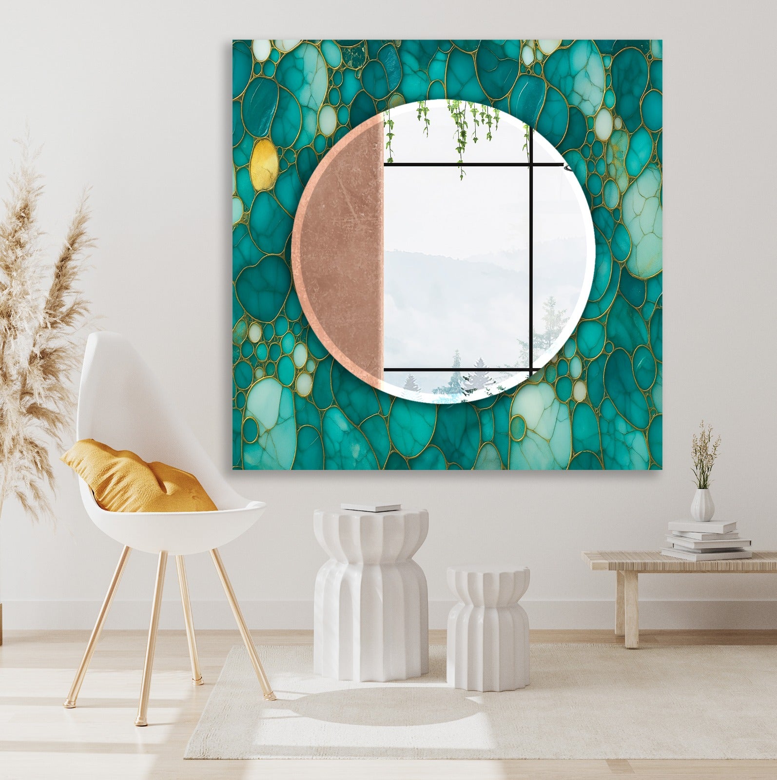 Blue Leaf Pattern Tempered Glass Mirror – Modern UV Printed Wall Art Design