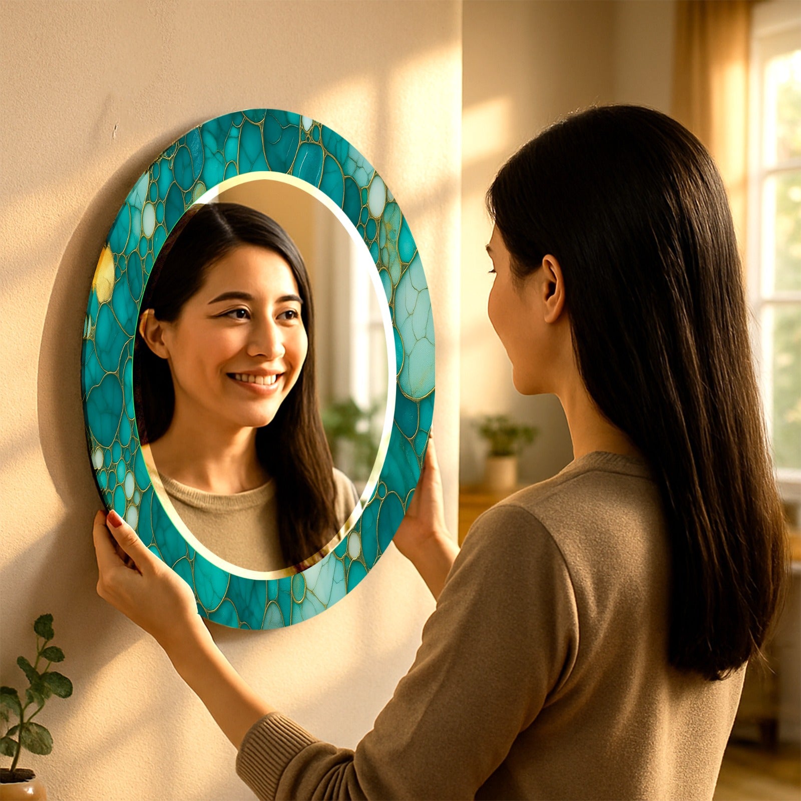 Blue Leaf Pattern Tempered Glass Mirror – Modern UV Printed Wall Art Design