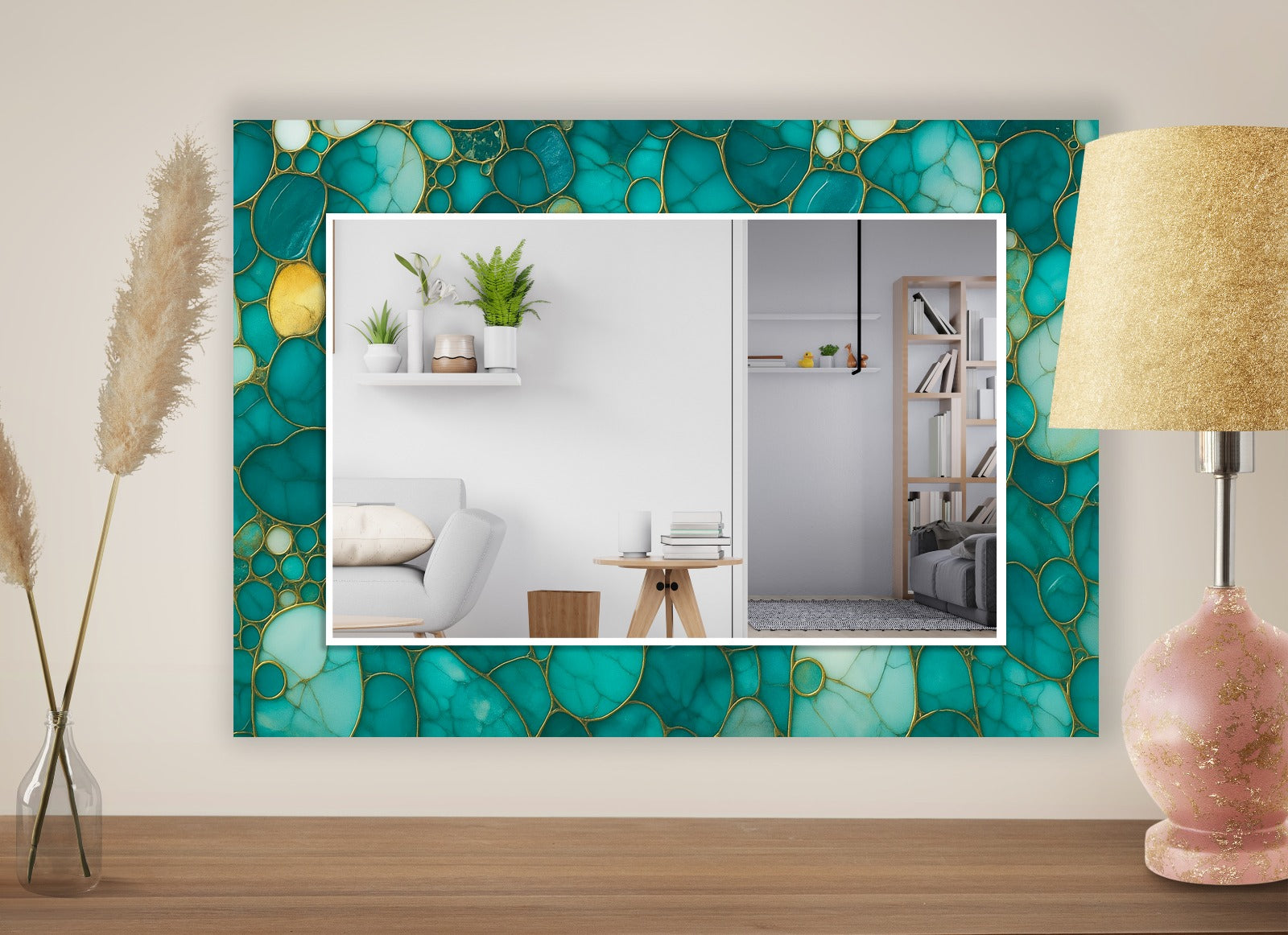 Turquoise Tempered Glass Mirror – Modern UV Printed Wall Art with Elegant Design