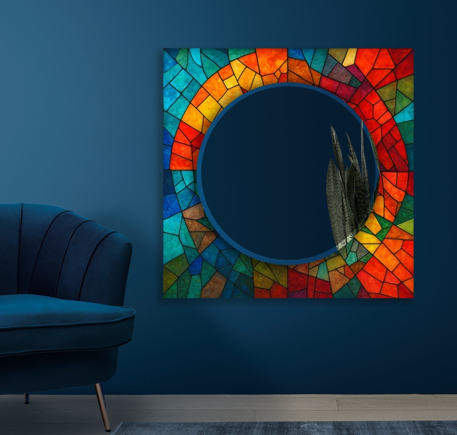 Colorful Stained Glass Tempered Mirror – Modern UV Printed Wall Art with Round Reflective Center