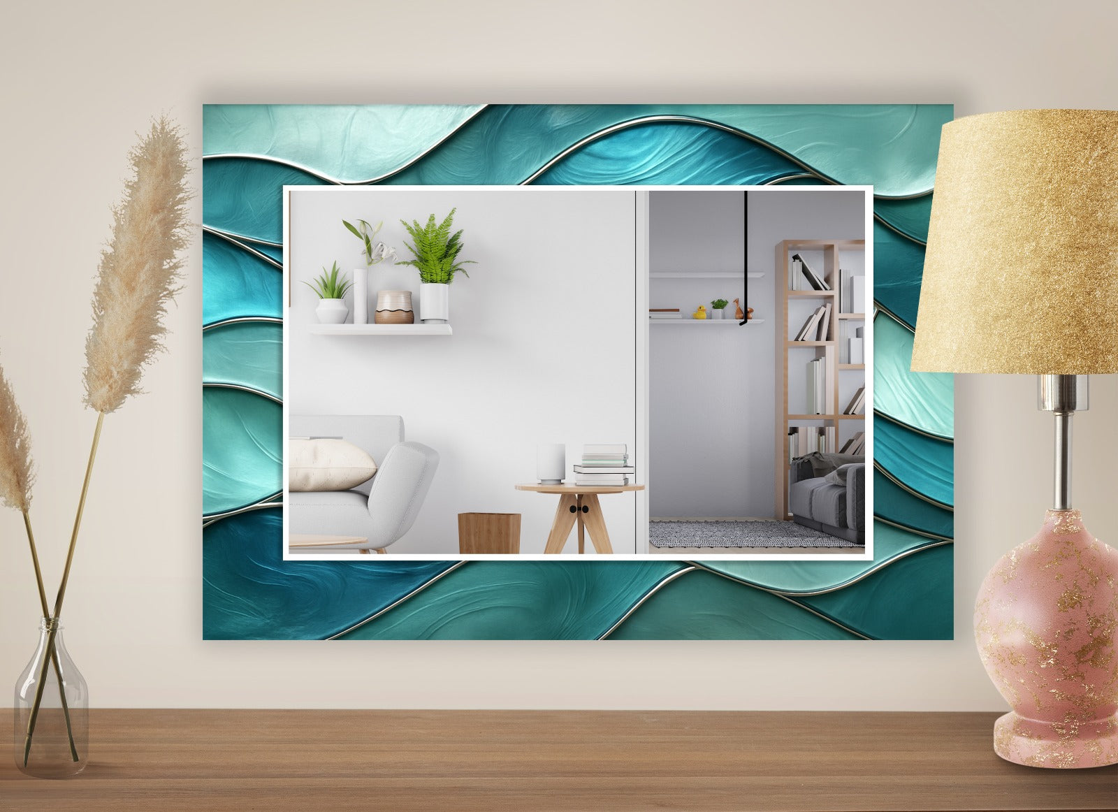 Geometric Blue Pattern Tempered Glass Mirror – Modern Oval UV Printed Wall Art (Kopya)