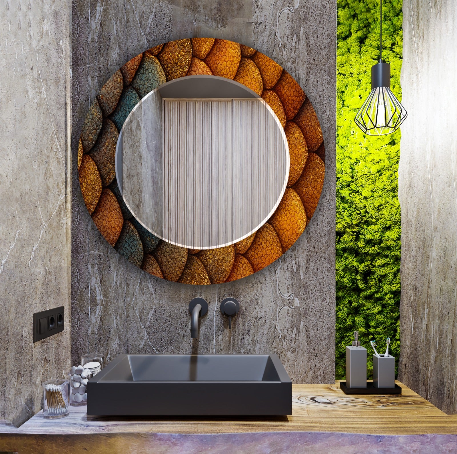 Bronze Scale Pattern Tempered Glass Mirror – Modern Oval UV Printed Wall Art