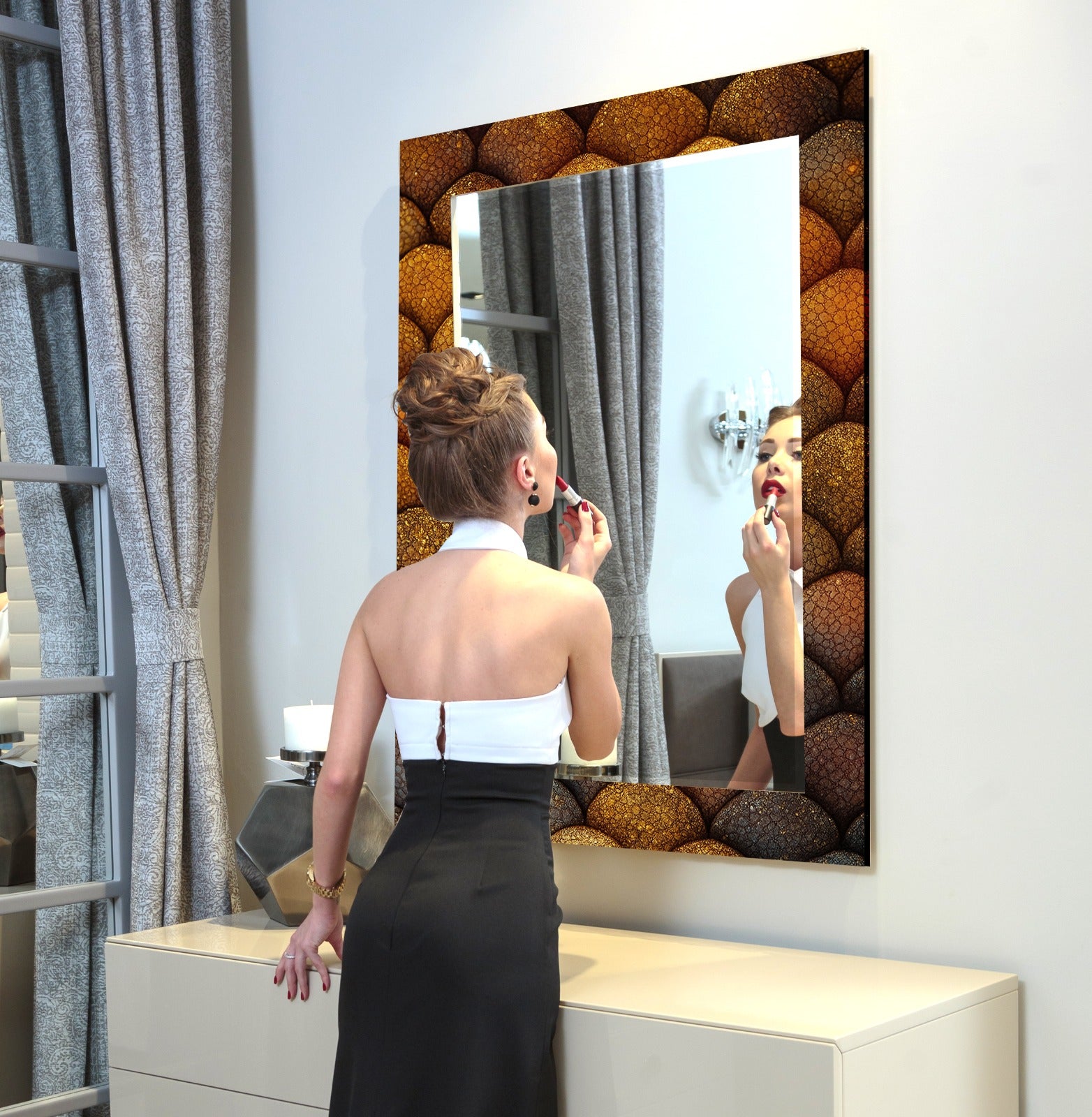 Bronze Scale Pattern Tempered Glass Mirror – Modern Oval UV Printed Wall Art