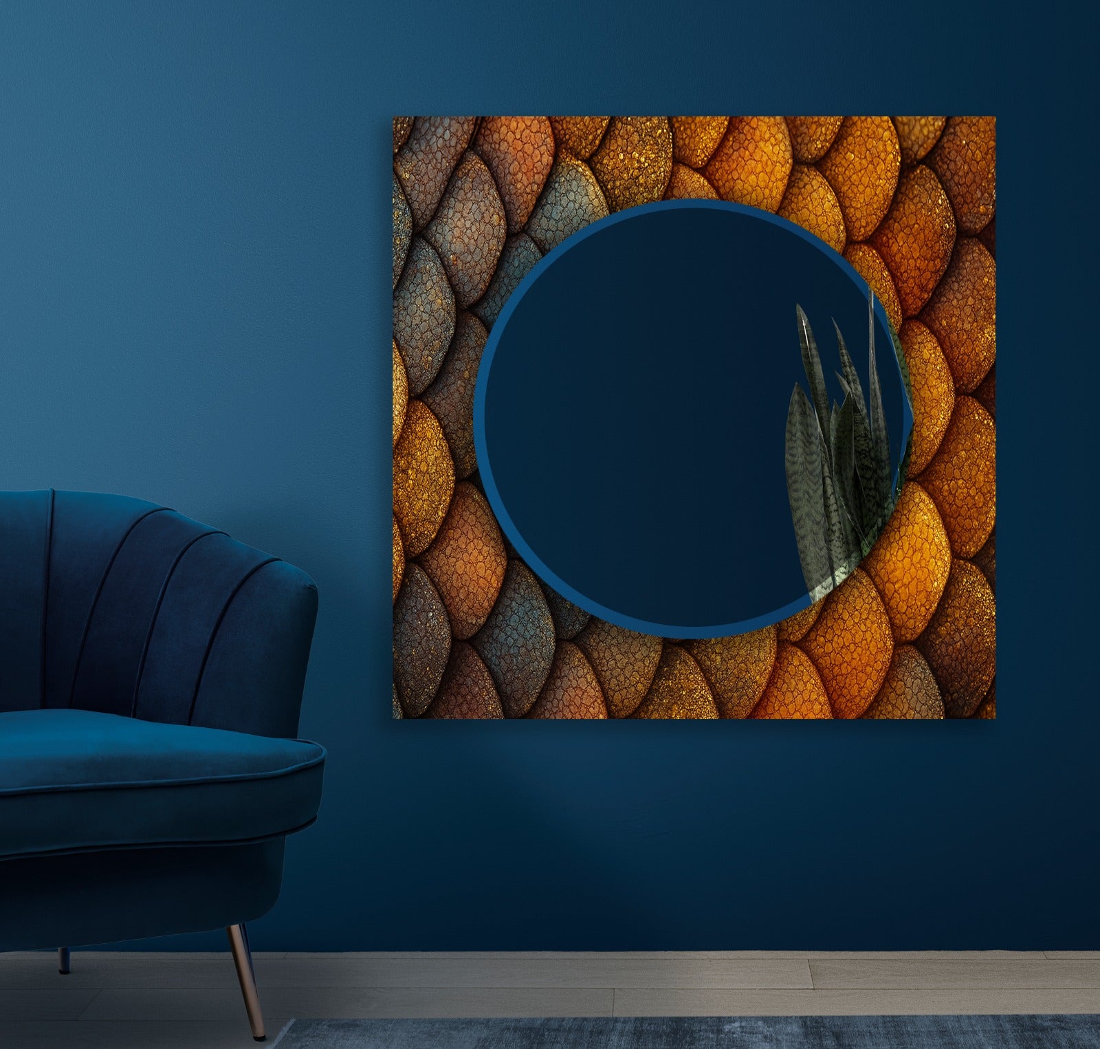 Bronze Scale Pattern Tempered Glass Mirror – Modern Oval UV Printed Wall Art