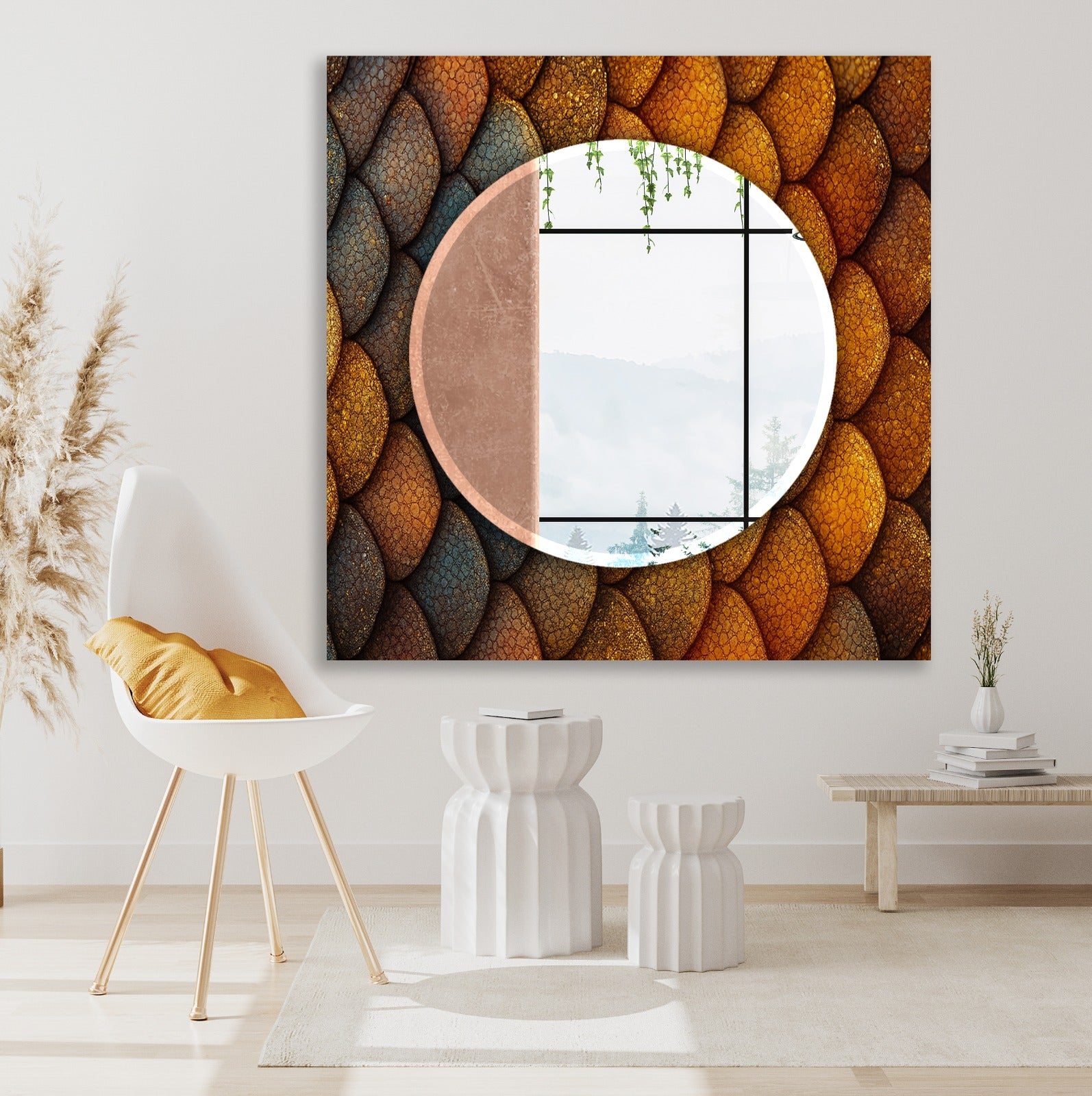 Bronze Scale Pattern Tempered Glass Mirror – Modern Oval UV Printed Wall Art