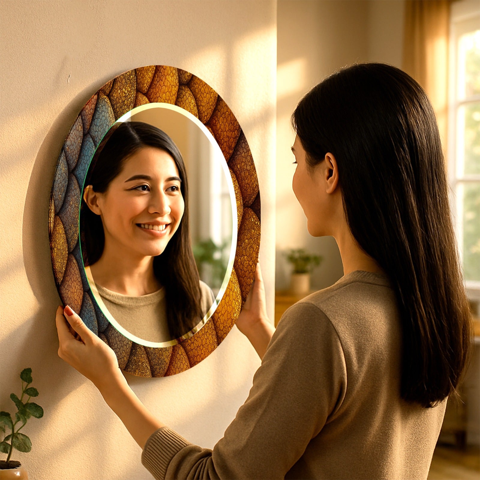 Bronze Scale Pattern Tempered Glass Mirror – Modern Oval UV Printed Wall Art