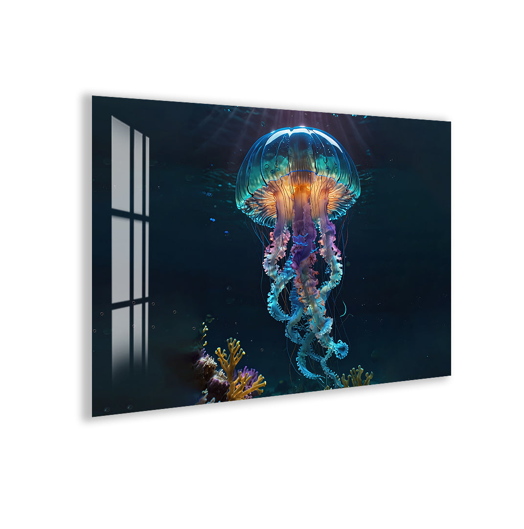 Glowing Jellyfish Glass Wall Art – Elegant Ocean-Inspired Animal Decor