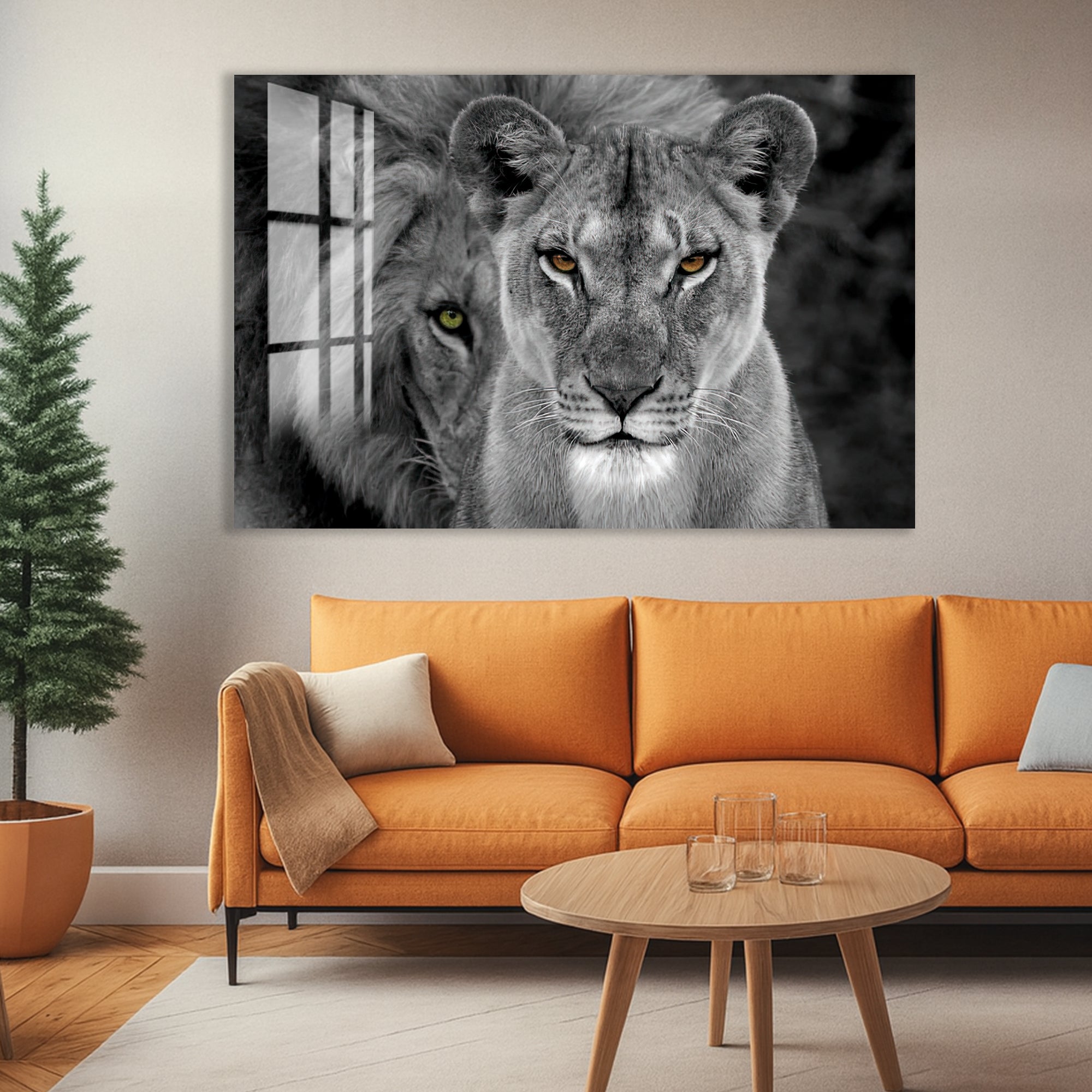 Majestic Lion and Lioness Glass Wall Art – Powerful Animal Decor for Modern Interiors