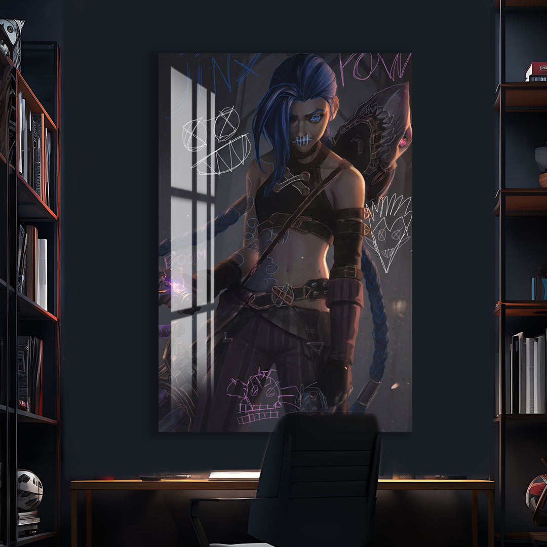 Jinx Arcane Glass Wall Art – League of Legends Gaming Poster for Gamers
