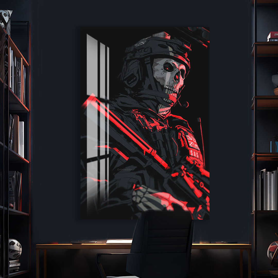 Ghost Soldier Glass Wall Art – Gaming Inspired Military Decor for Modern Interiors