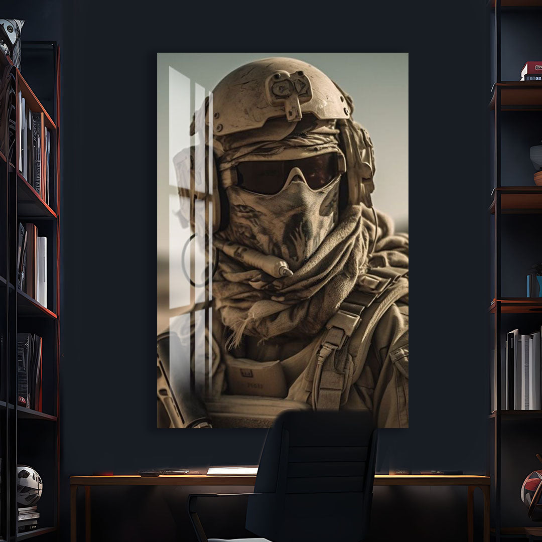 Tactical Soldier Glass Wall Art – Military Gaming Decor for Modern Interiors