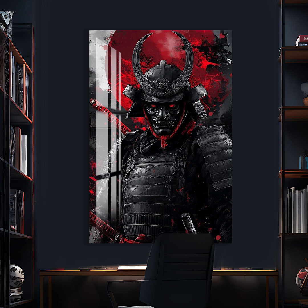 Samurai Warrior Glass Wall Art – Dark Red Japanese Gaming Poster for Modern Setups