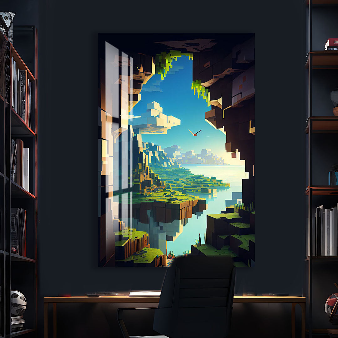 Minecraft Landscape Glass Wall Art – Pixel World Gaming Decor for Gamers