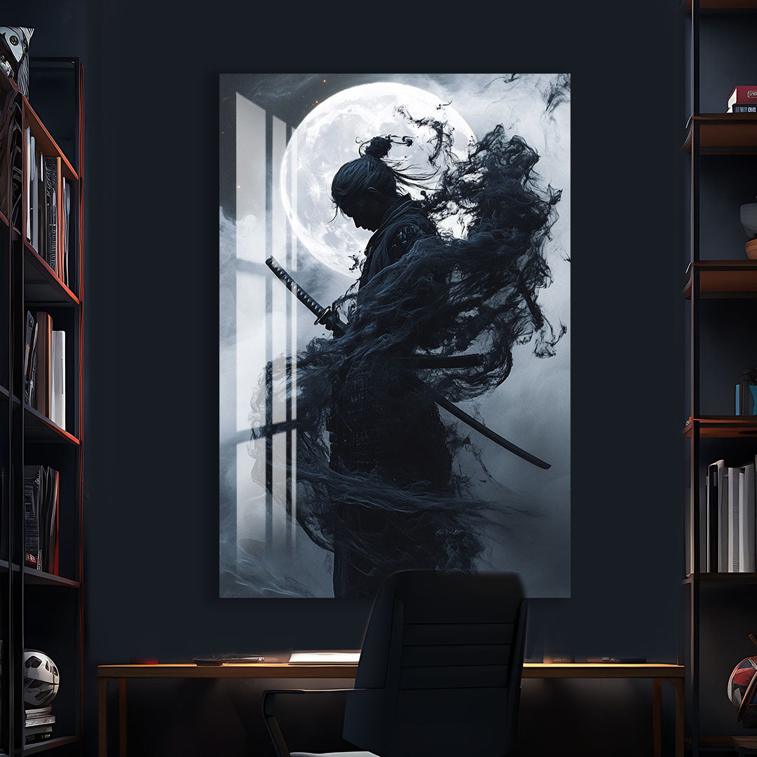 Samurai Warrior Moon Glass Wall Art – Epic Gaming & Fantasy Decor for Modern Interiors