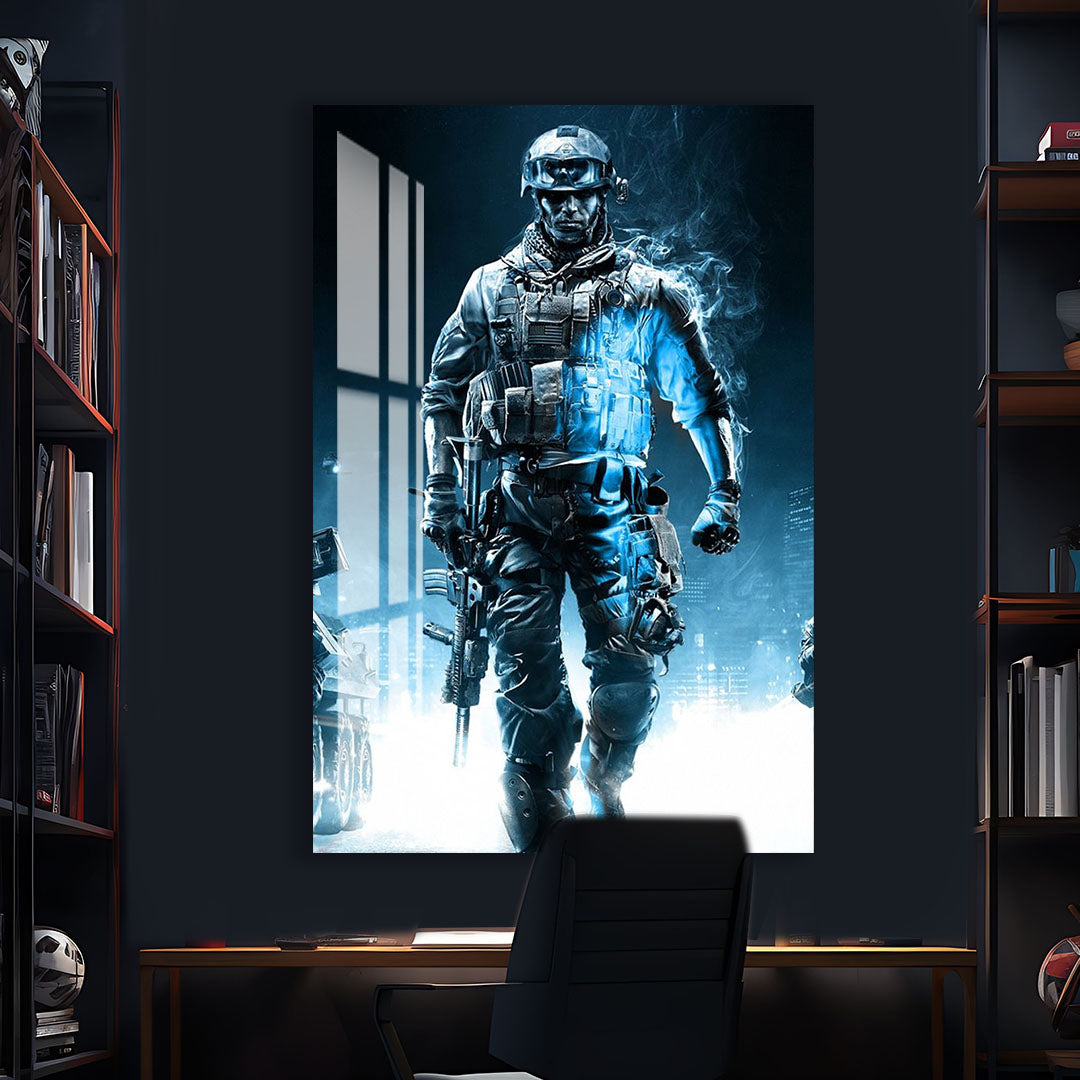 Battlefield Soldier Glass Wall Art – Epic Gaming Decor for Modern Interiors