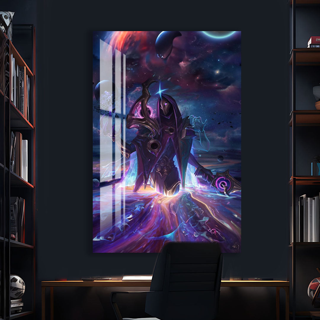 Dark Cosmic Jhin Glass Wall Art – League of Legends Gaming Poster for Modern Setups