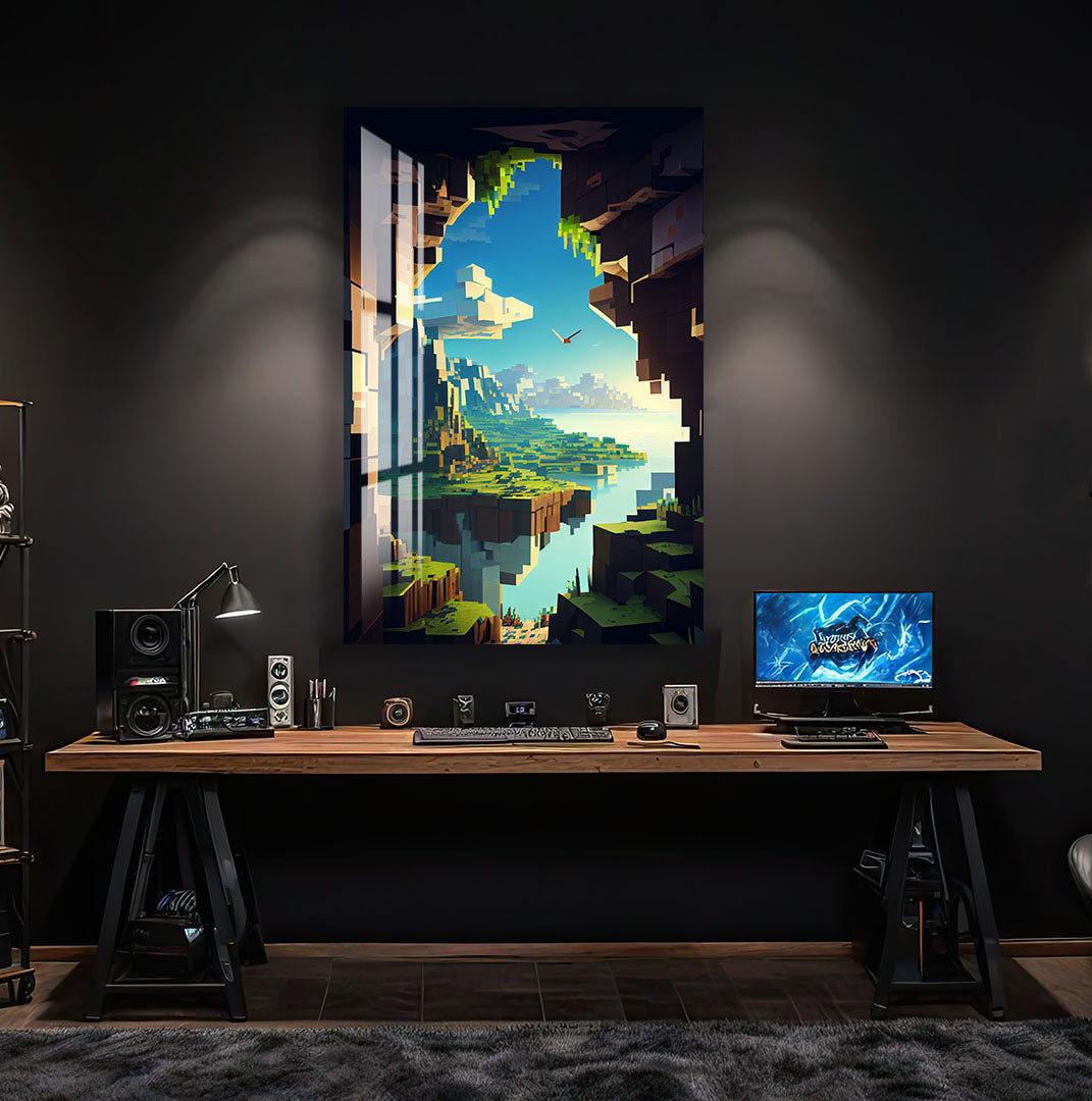 Minecraft Landscape Glass Wall Art – Pixel World Gaming Decor for Gamers