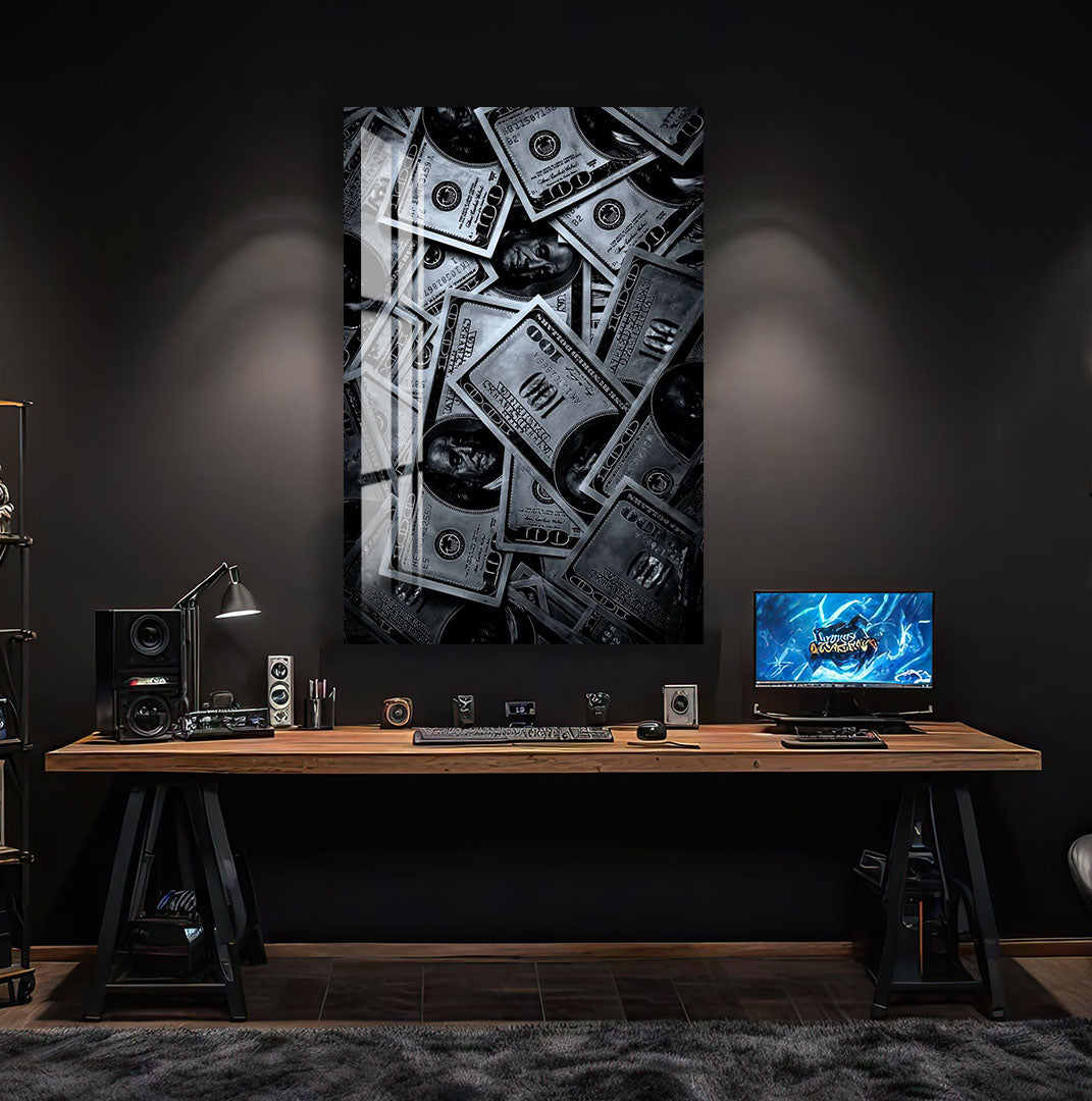 Money Glass Wall Art – Cool Black and White Dollar Design for Modern Interiors