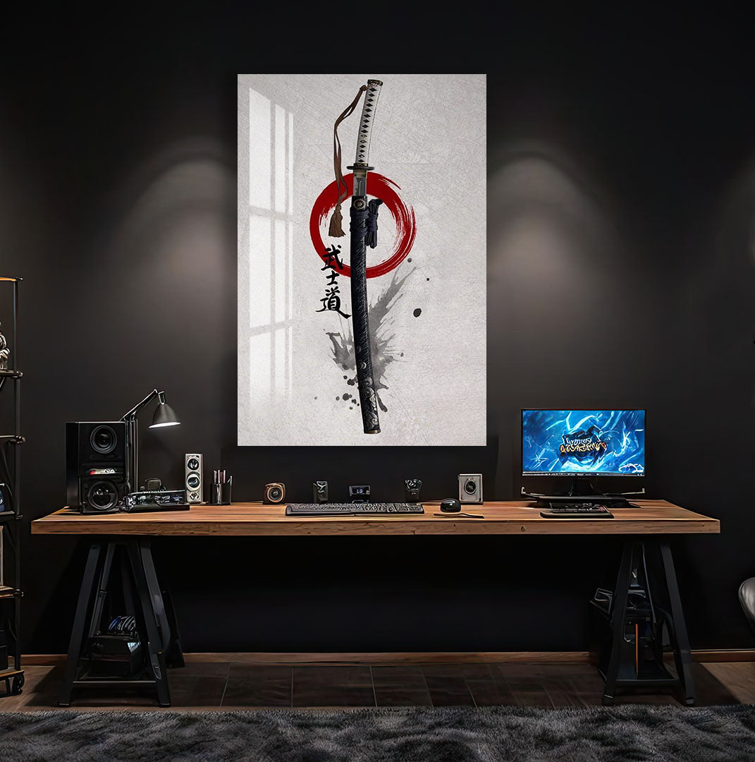 Samurai Katana Glass Wall Art – Japanese Warrior Sword Decor for Modern Interiors