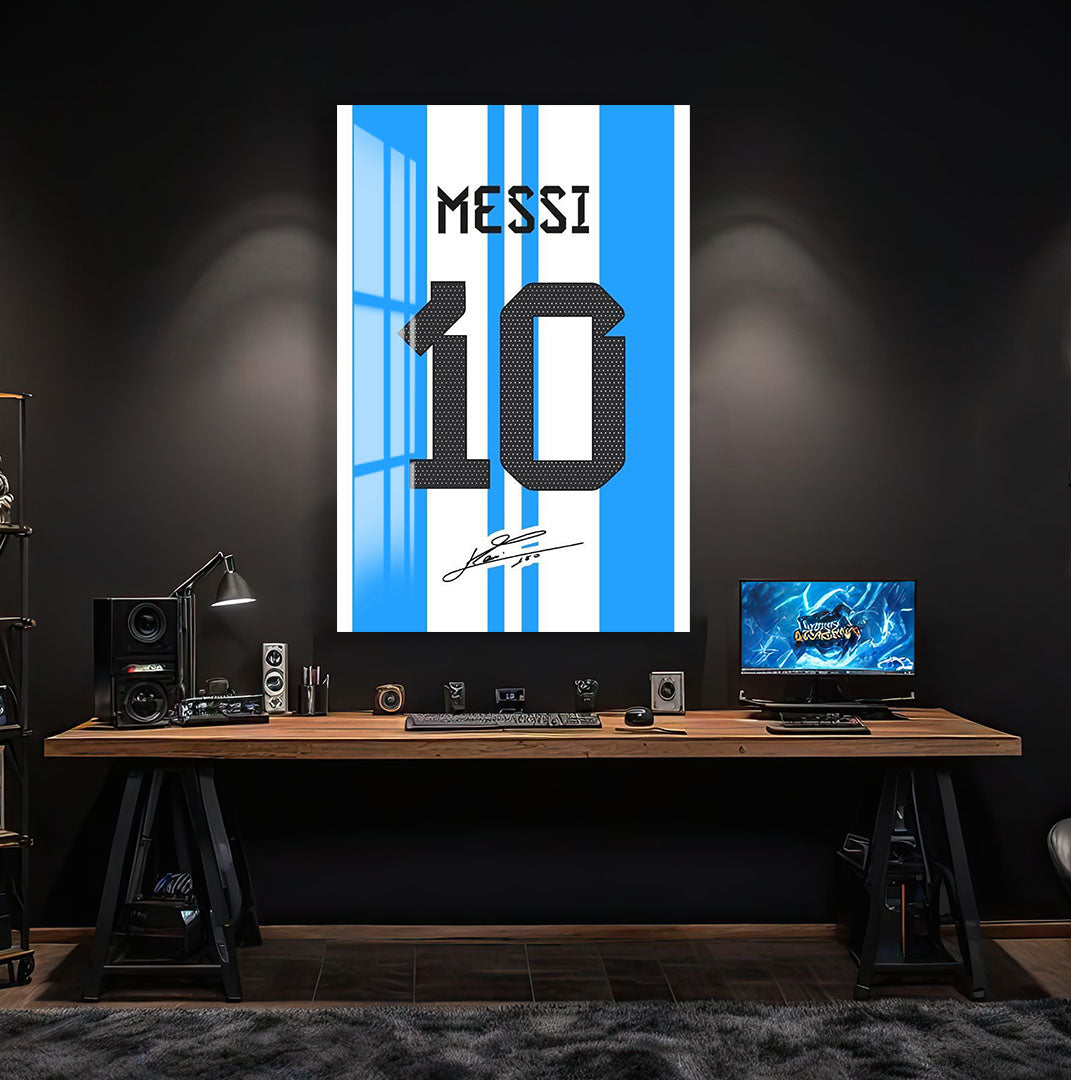 Lionel Messi Glass Wall Art – Iconic Argentina Number 10 Jersey Sports Decor
