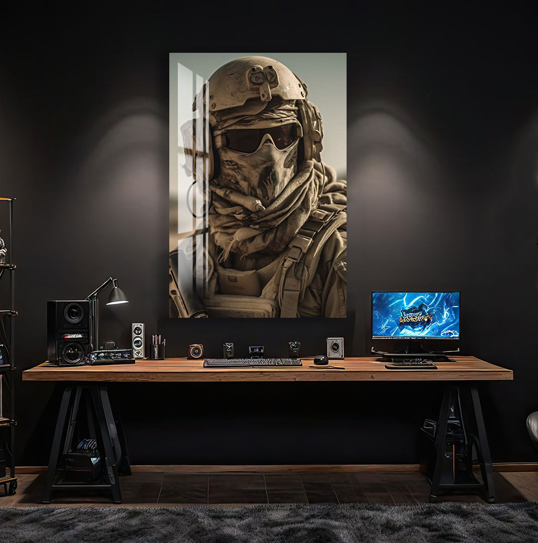 Tactical Soldier Glass Wall Art – Military Gaming Decor for Modern Interiors