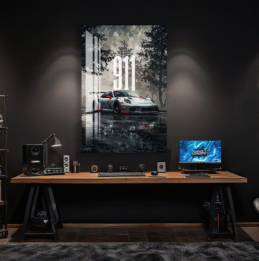Porsche 911 Glass Wall Art – Luxury Sports Car Decor for Modern Interiors