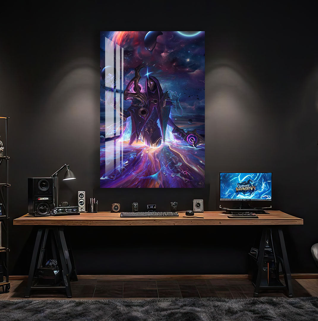 Dark Cosmic Jhin Glass Wall Art – League of Legends Gaming Poster for Modern Setups