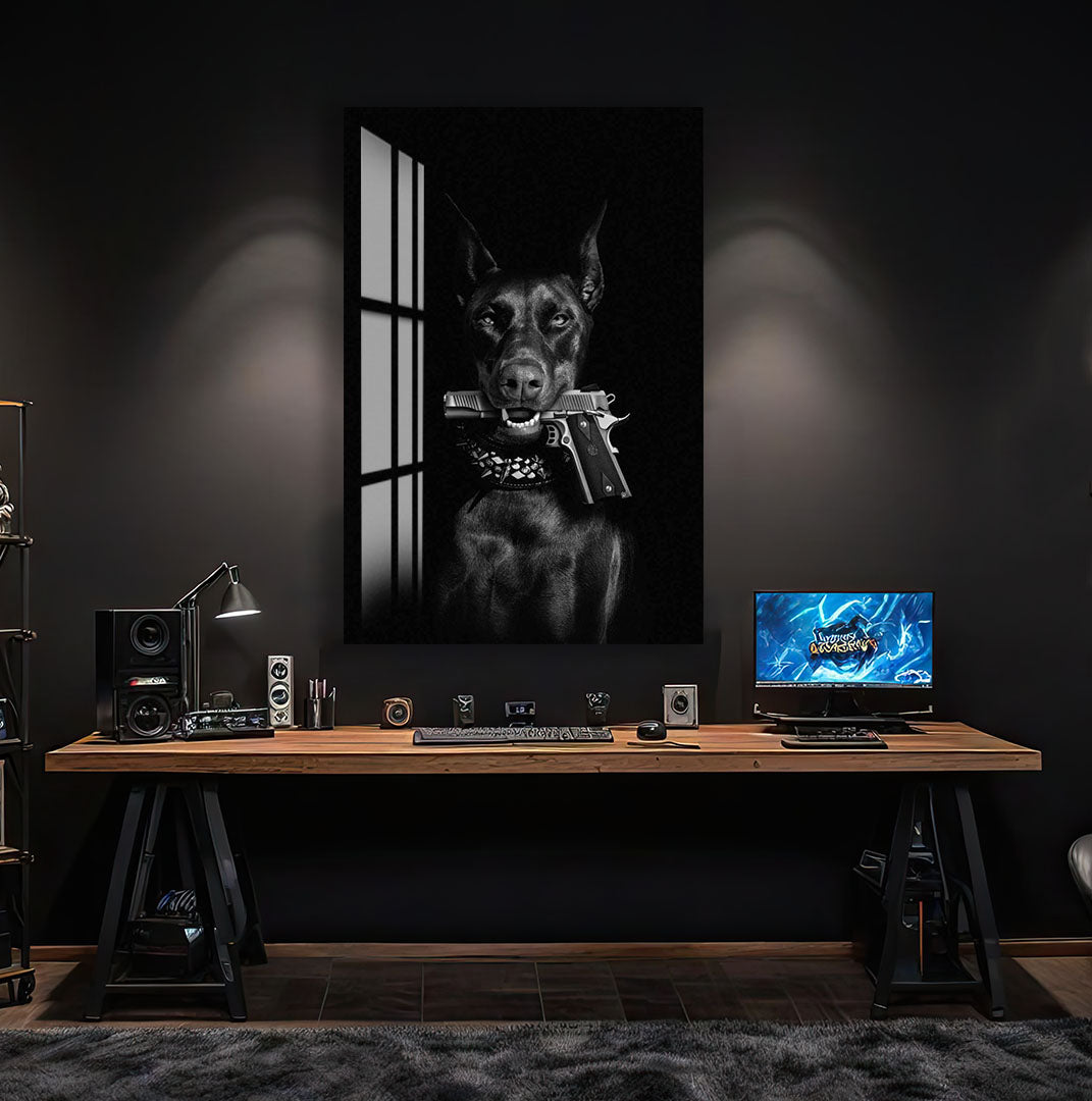 Cool Doberman Glass Wall Art – Black & White Modern Decor with Gun Design