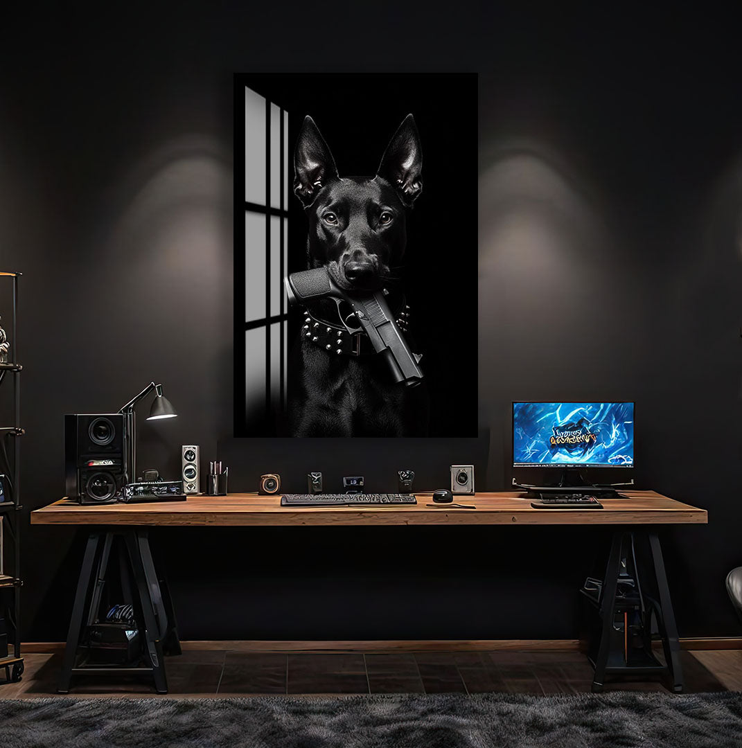 Dark Doberman Glass Wall Art – Powerful Dog with Gun Design for Bold Interiors
