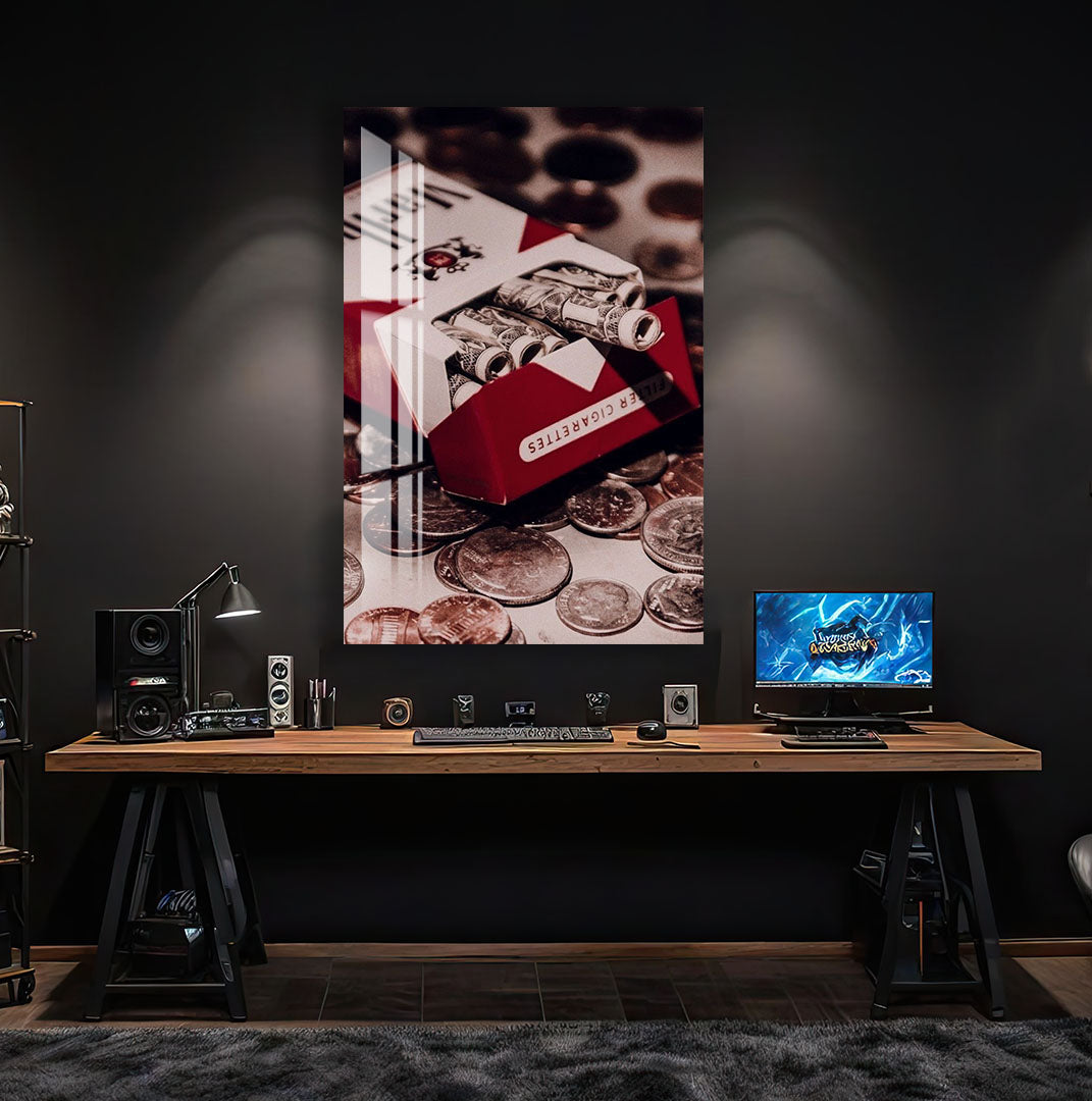 Money Cigarette Pack Glass Wall Art – Creative Pop Culture Decor for Modern Interiors