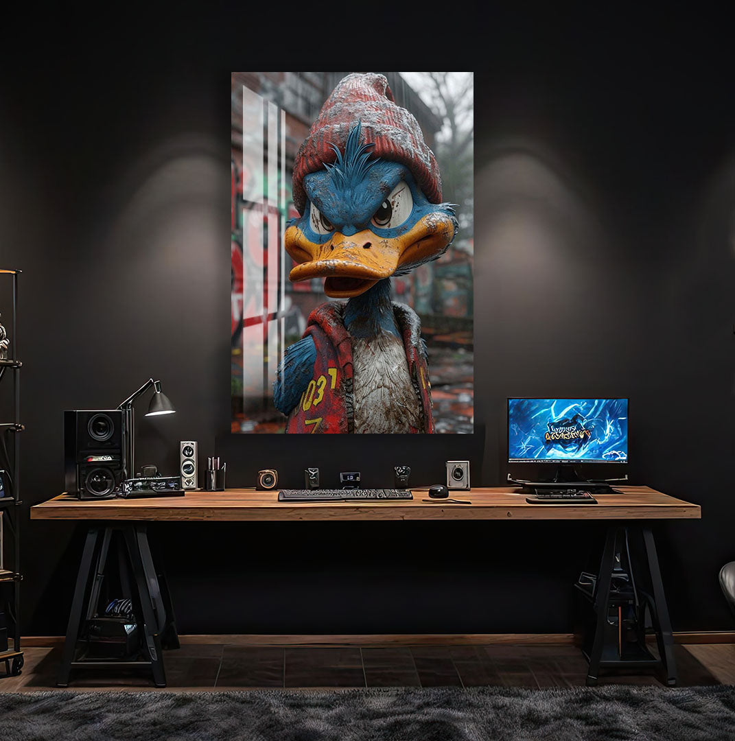 Street Duck Glass Wall Art – Urban Graffiti Style Cool Cartoon Decor