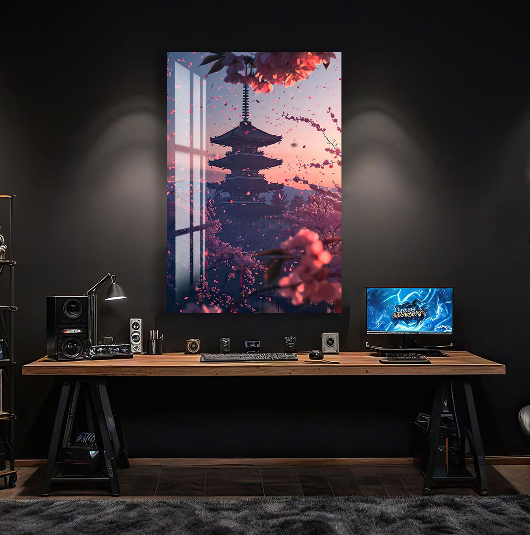 Japanese Pagoda Glass Wall Art – Cherry Blossom Sunset Decor for Modern Interiors
