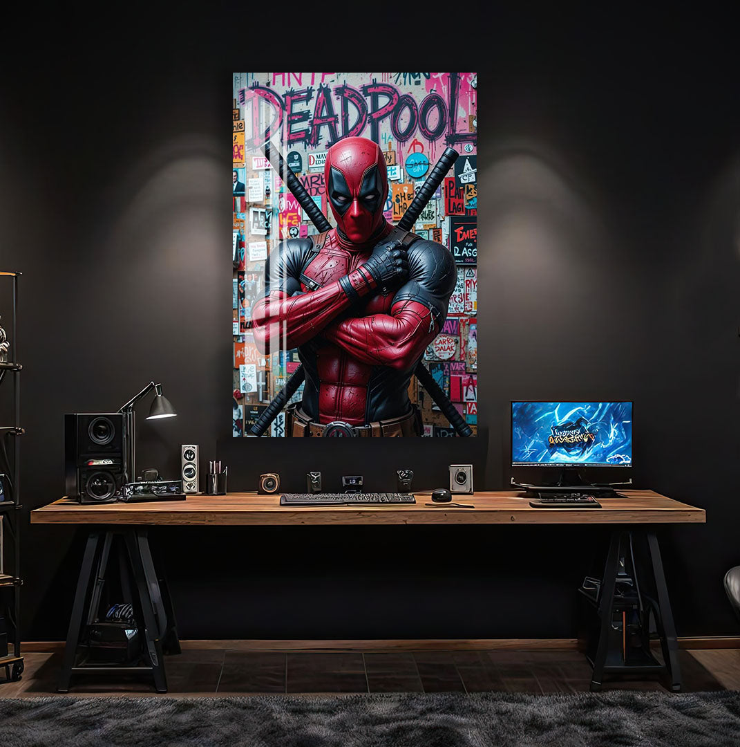 Deadpool Graffiti Glass Wall Art – Marvel Superhero Home Decor