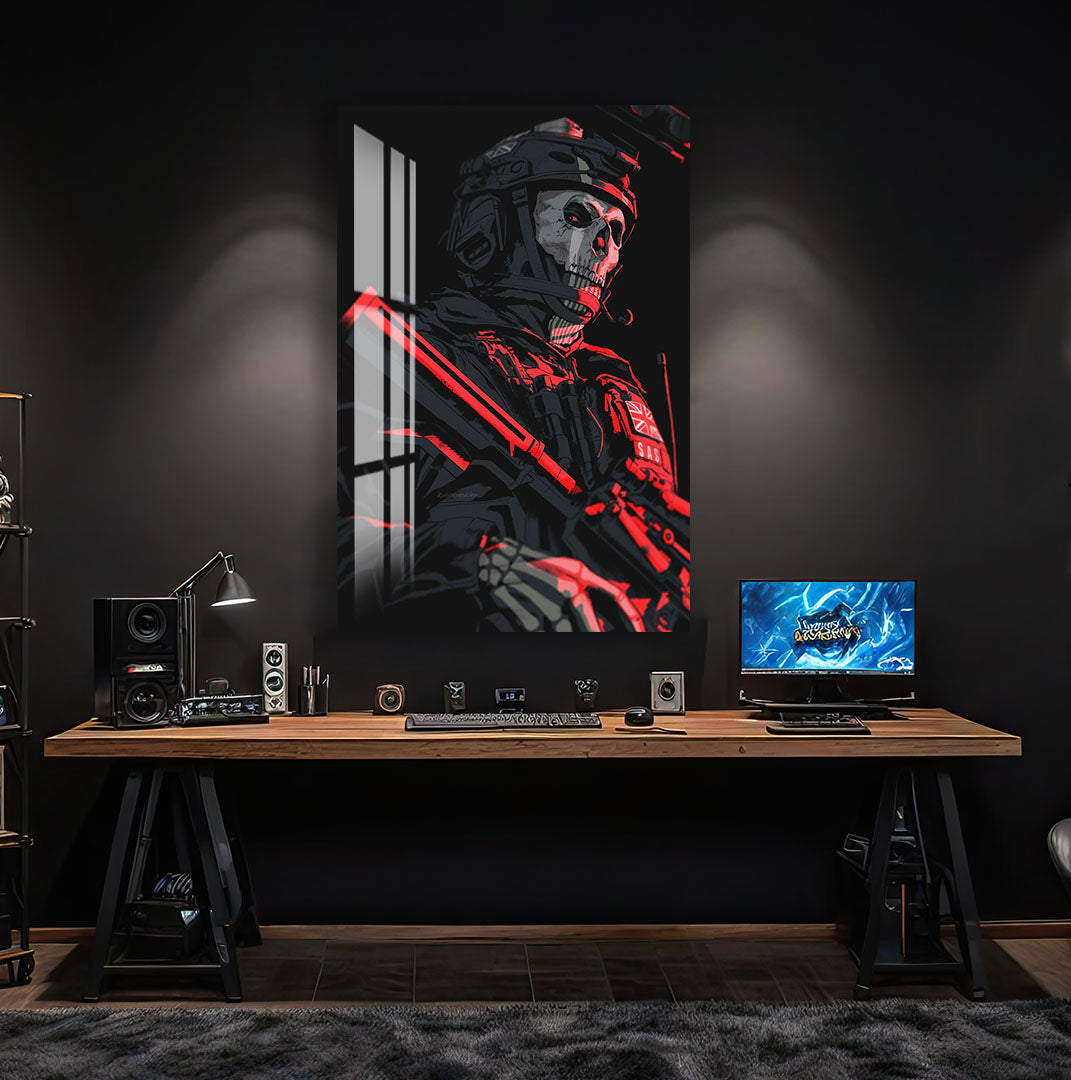 Ghost Soldier Glass Wall Art – Gaming Inspired Military Decor for Modern Interiors