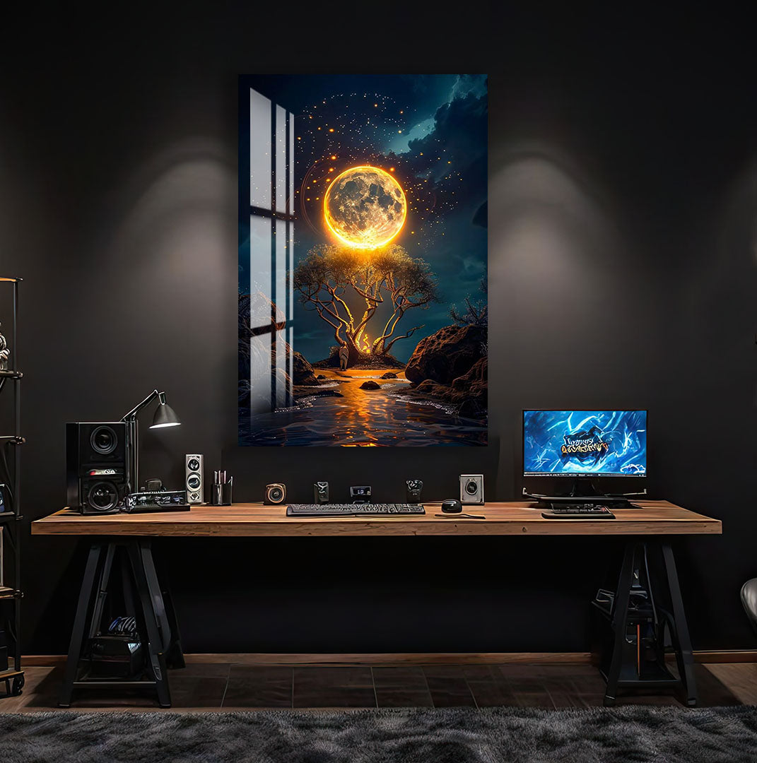 Fantasy Moon Glass Wall Art – Magical Night Tree & Moonlight Design for Modern Interiors