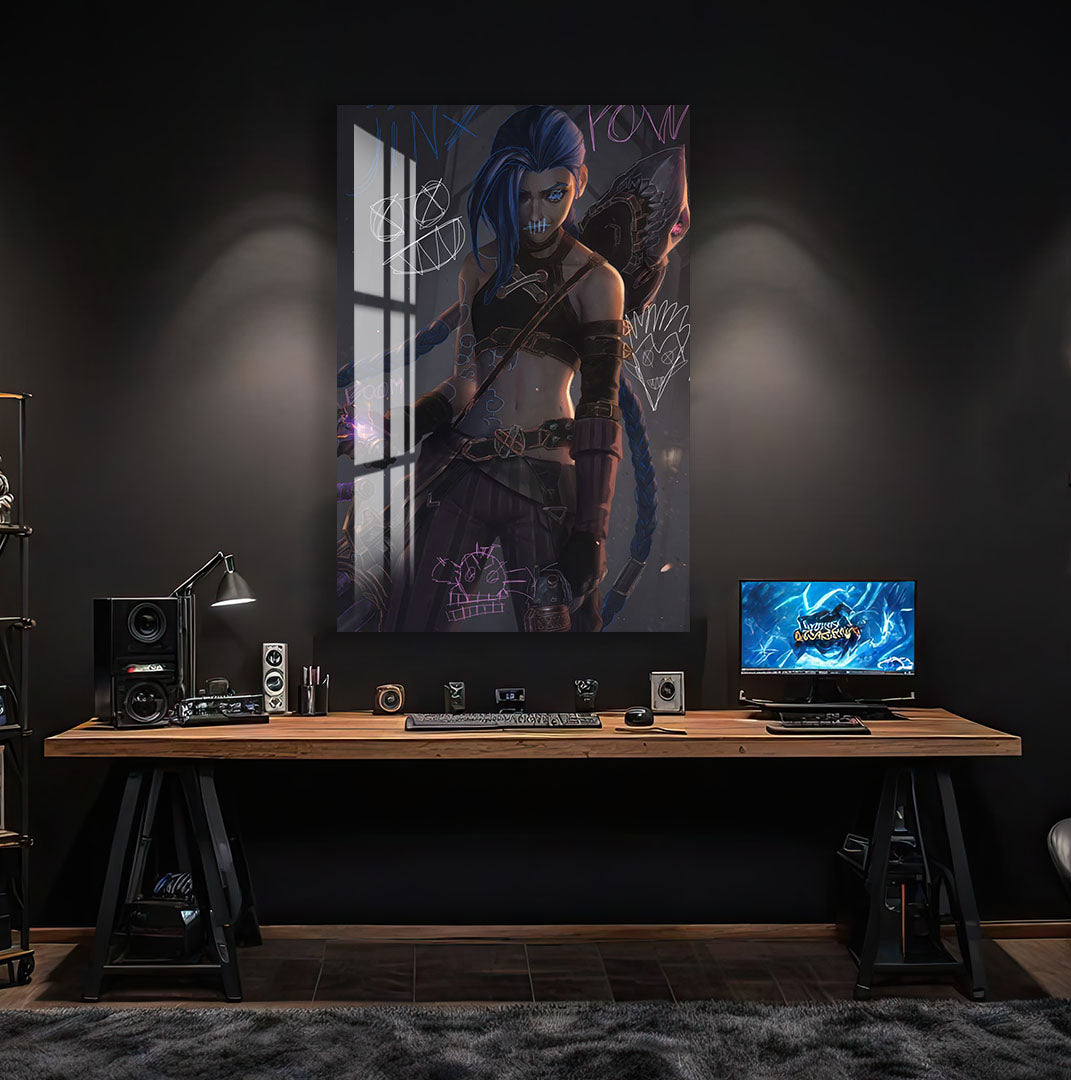 Jinx Arcane Glass Wall Art – League of Legends Gaming Poster for Gamers