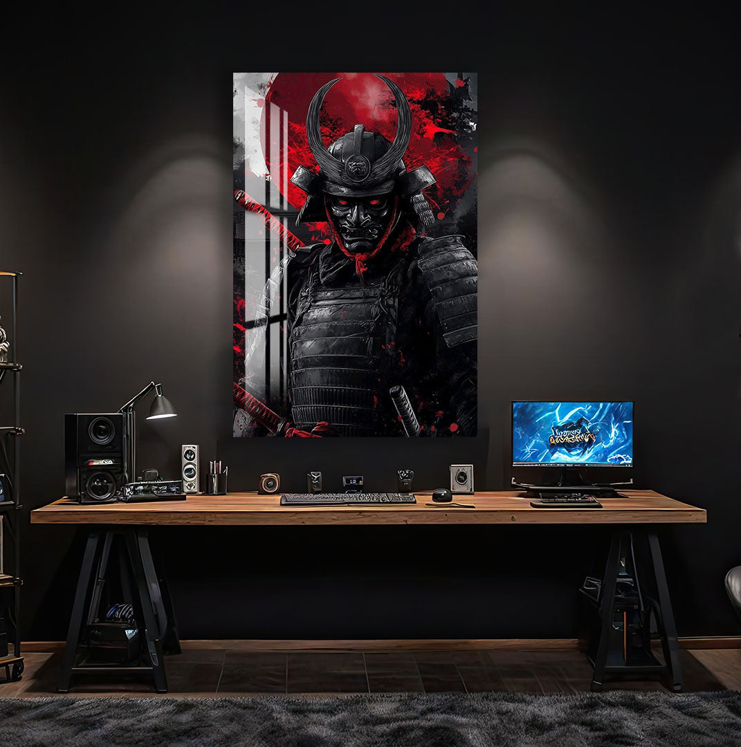 Samurai Warrior Glass Wall Art – Dark Red Japanese Gaming Poster for Modern Setups
