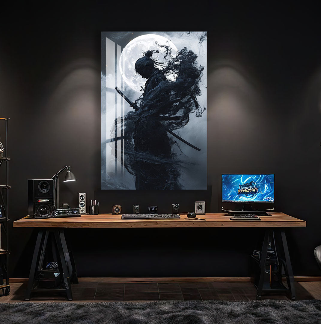 Samurai Warrior Moon Glass Wall Art – Epic Gaming & Fantasy Decor for Modern Interiors