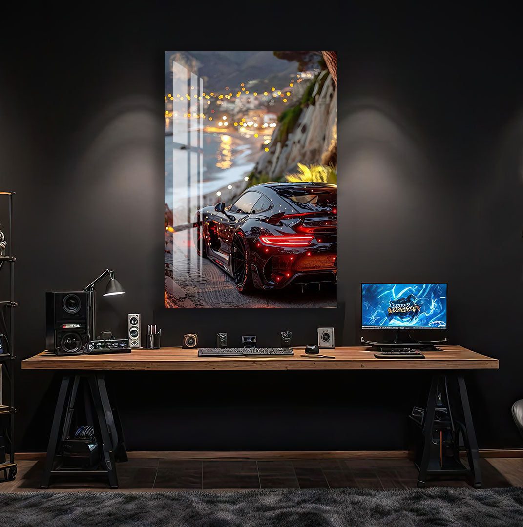 Luxury Supercar Glass Wall Art – Modern Black Sports Car Decor for Home & Office