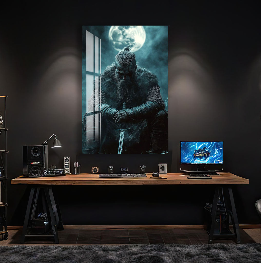 Vikings Glass Wall Art – Viking Warrior Under the Moon Poster