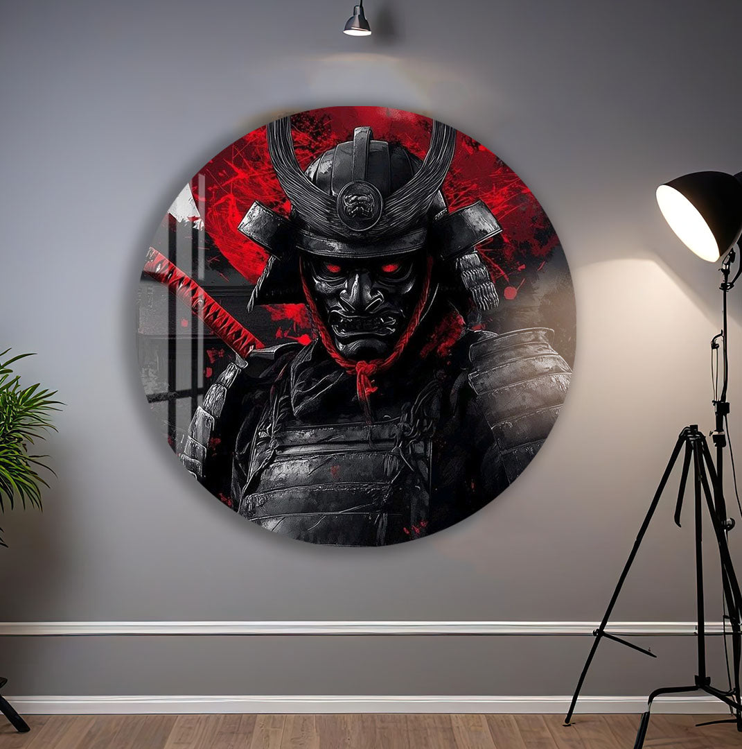 Samurai Warrior Glass Wall Art – Dark Red Japanese Gaming Poster for Modern Setups