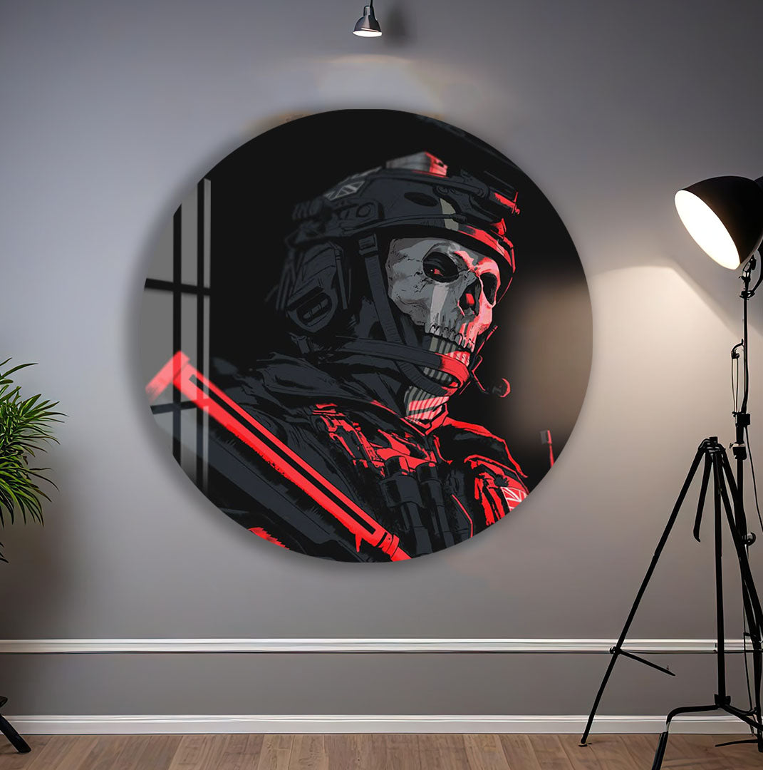 Ghost Soldier Glass Wall Art – Gaming Inspired Military Decor for Modern Interiors