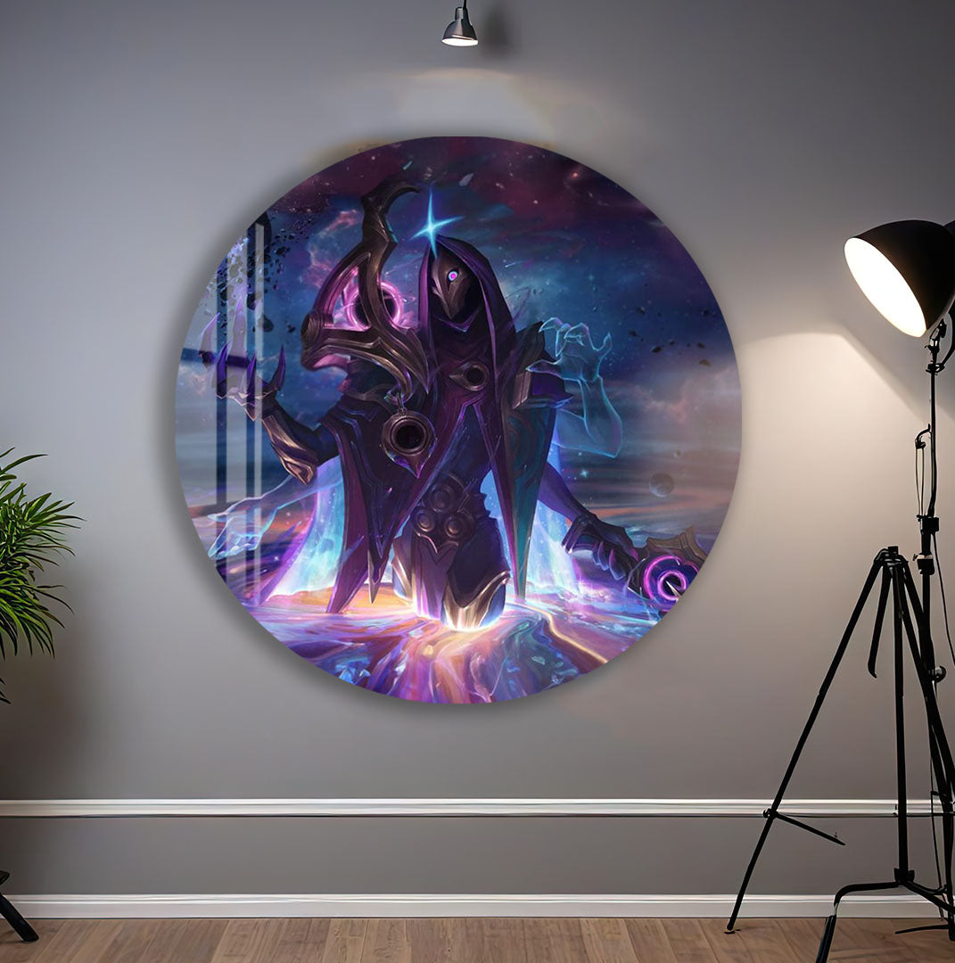 Dark Cosmic Jhin Glass Wall Art – League of Legends Gaming Poster for Modern Setups