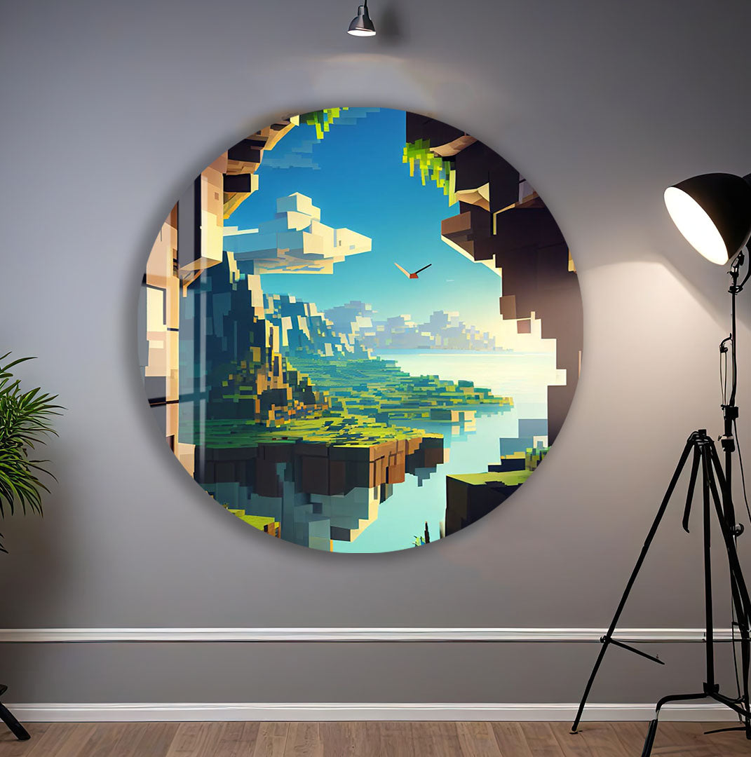 Minecraft Landscape Glass Wall Art – Pixel World Gaming Decor for Gamers