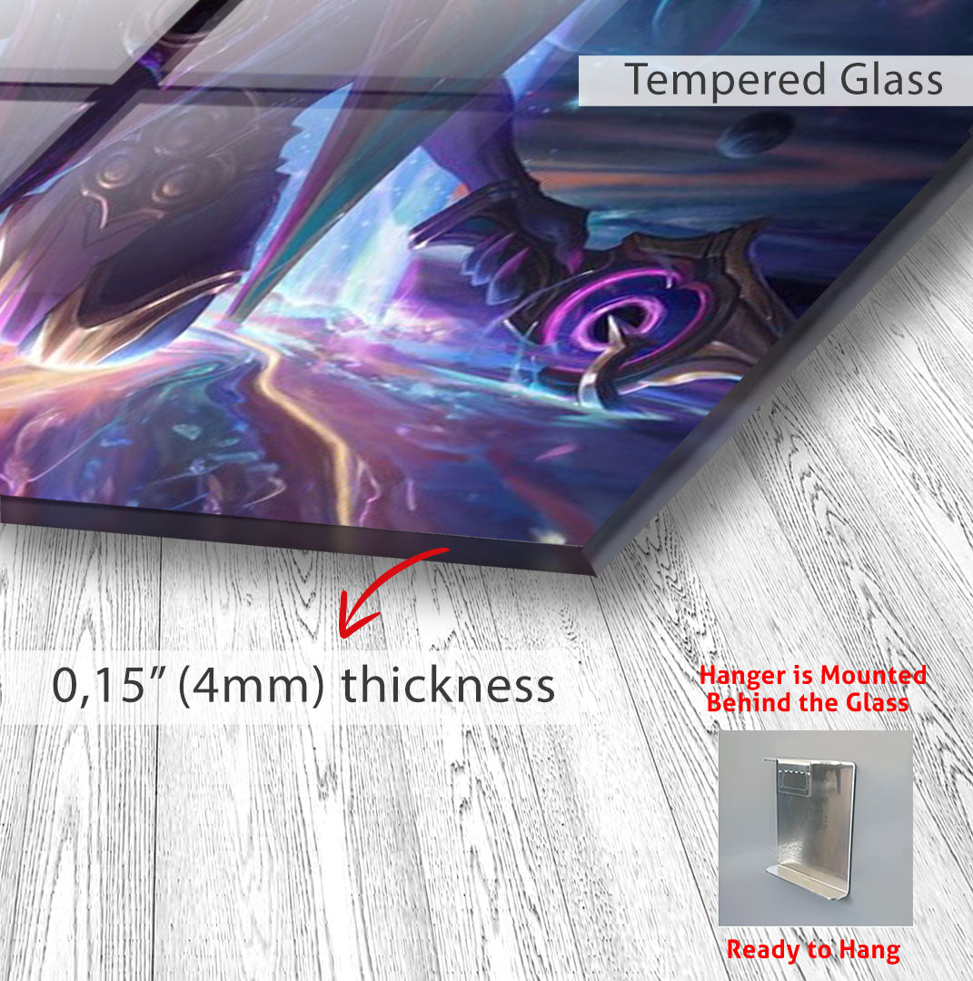 Dark Cosmic Jhin Glass Wall Art – League of Legends Gaming Poster for Modern Setups