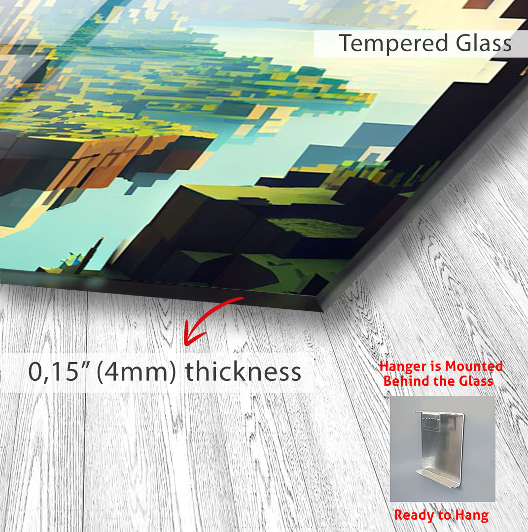 Minecraft Landscape Glass Wall Art – Pixel World Gaming Decor for Gamers