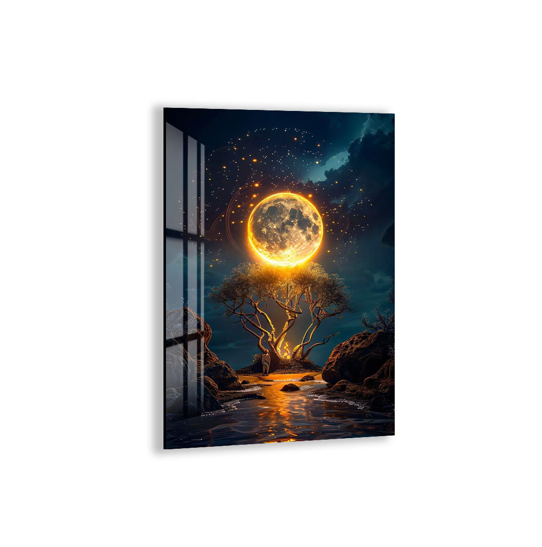 Fantasy Moon Glass Wall Art – Magical Night Tree & Moonlight Design for Modern Interiors