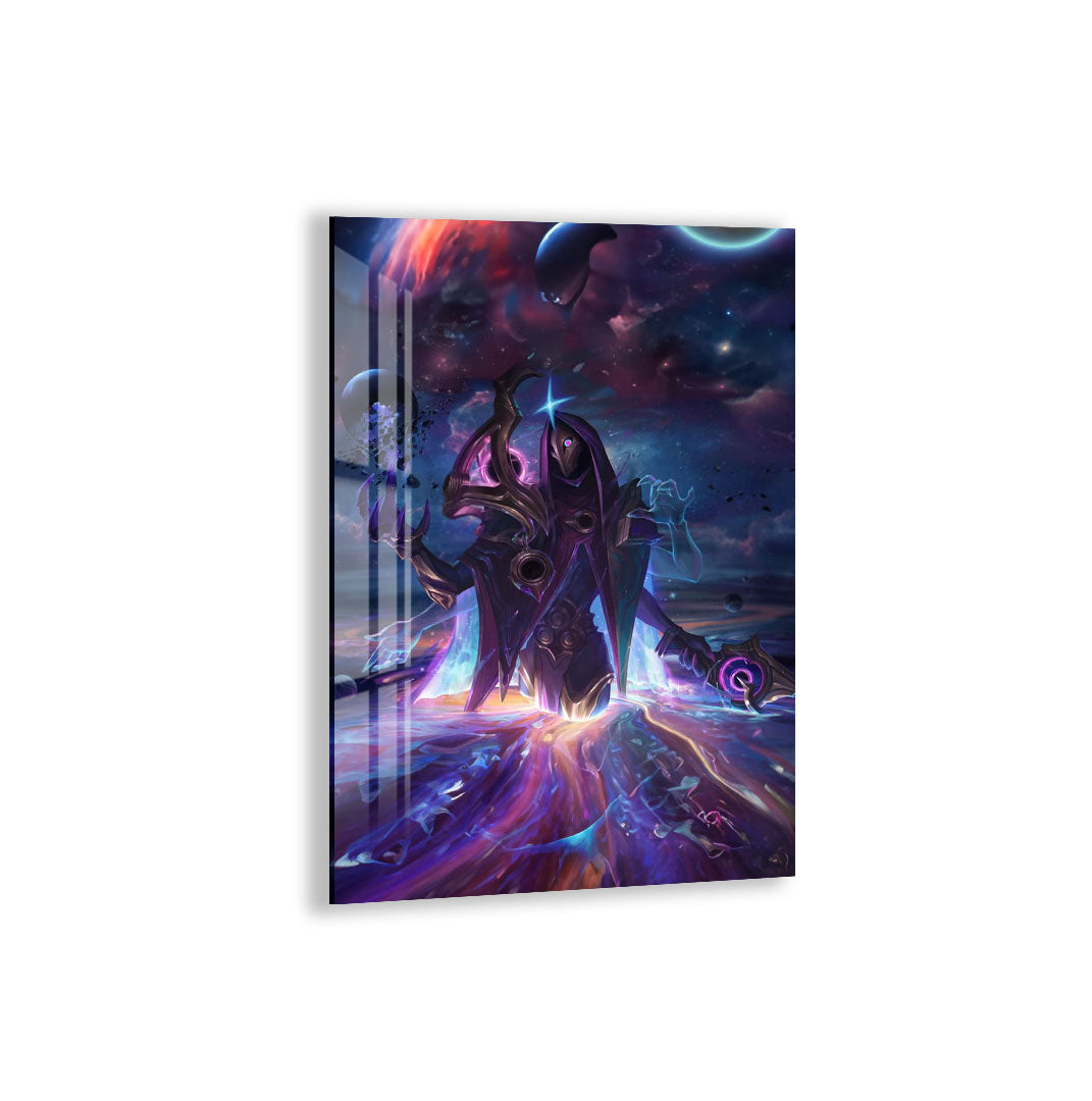 Dark Cosmic Jhin Glass Wall Art – League of Legends Gaming Poster for Modern Setups