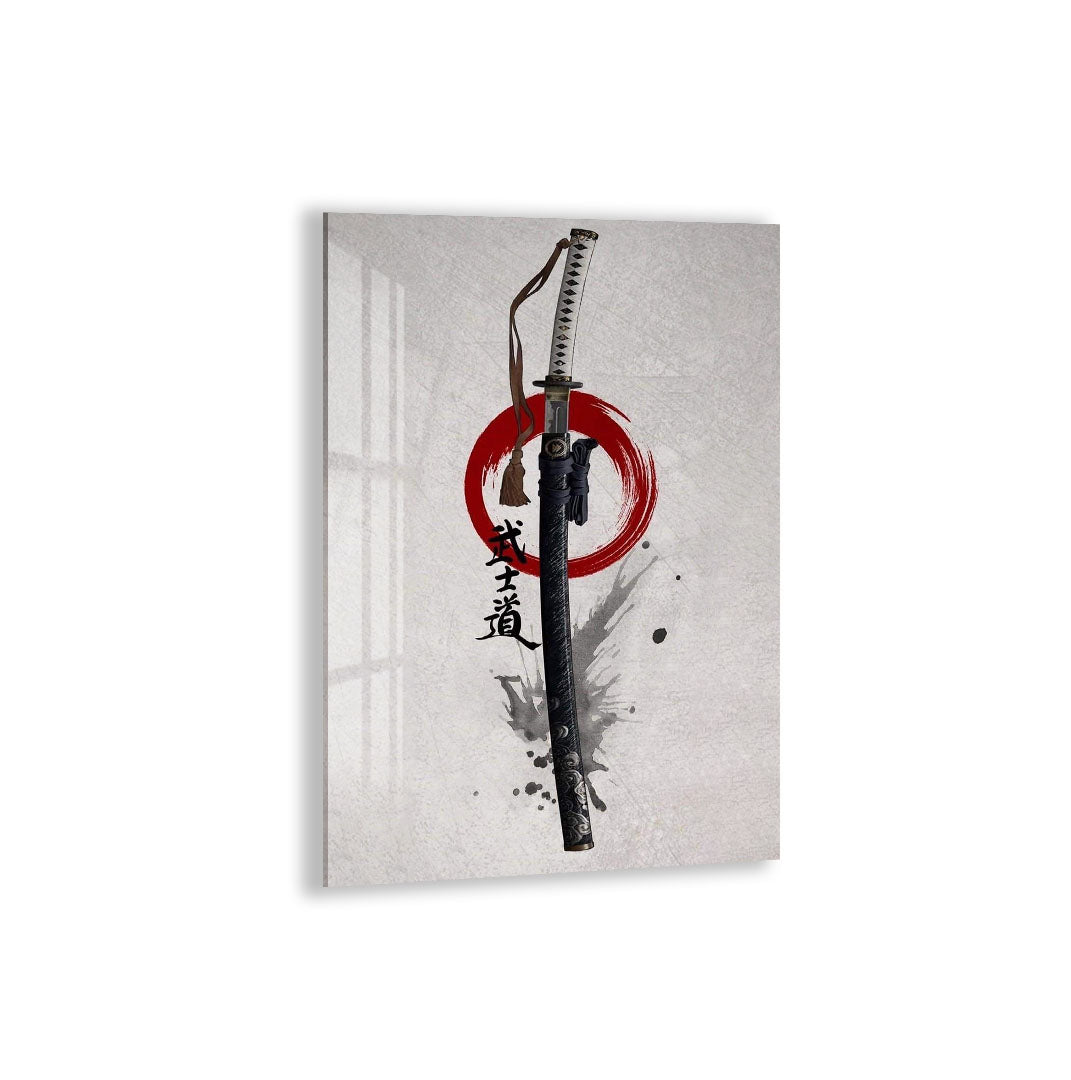 Samurai Katana Glass Wall Art – Japanese Warrior Sword Decor for Modern Interiors