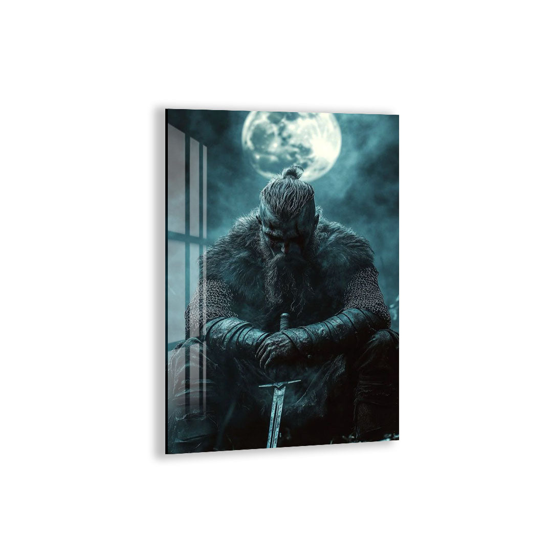 Vikings Glass Wall Art – Viking Warrior Under the Moon Poster